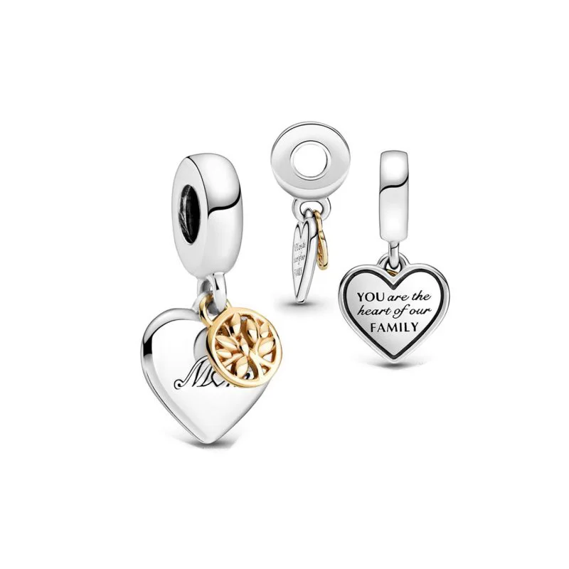

2021 Fashion New 925 Sterling Silver Beads Two-tone Family Tree & Heart Dangle Charm Fit Original Pandora Bracelet Women Jewelry