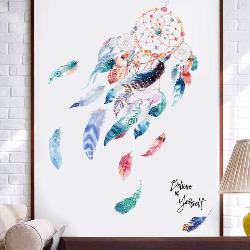Горячая 3D Ловец снов Настенные Стикеры красочные перья страуса для Гостиная