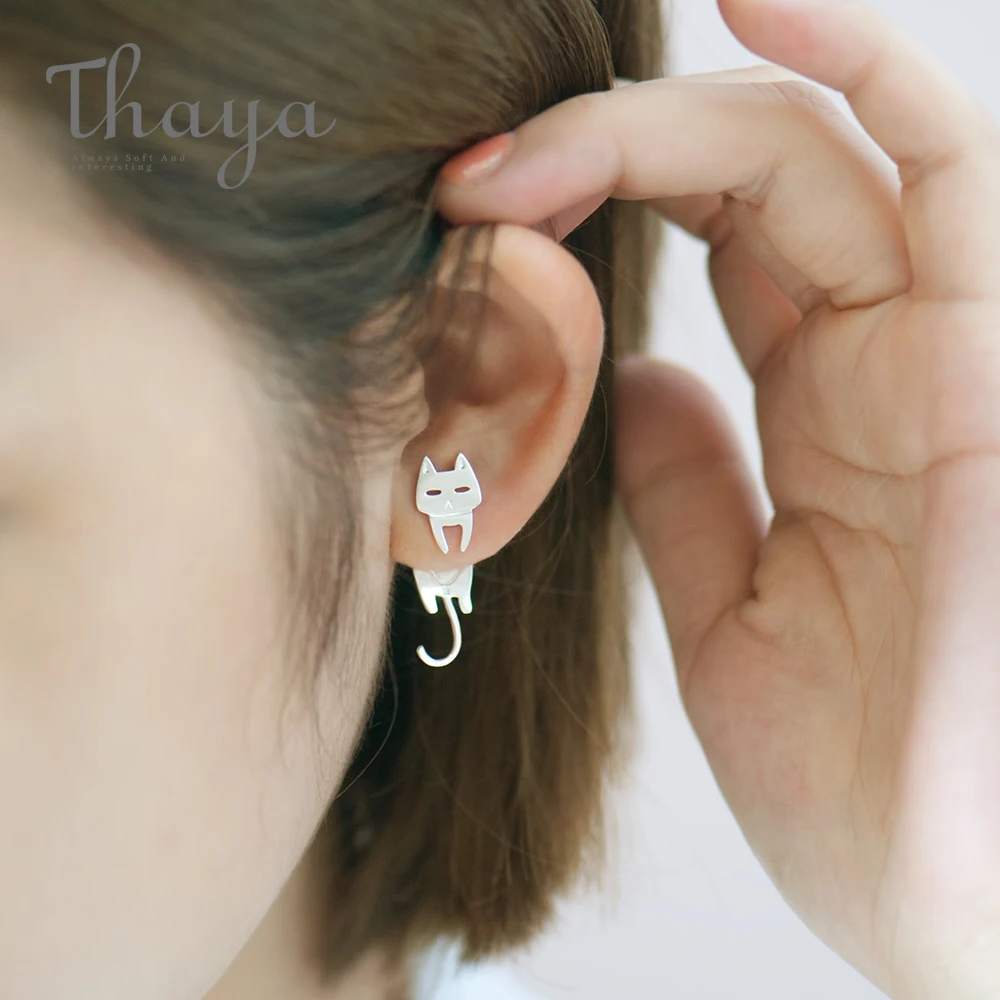 Thaya/модные женские серьги с милыми кошачьими рыбками из стерлингового серебра S925 пробы, серьги-гвоздики с ушками в виде животных для женщин, милые вечерние серьги, подарки