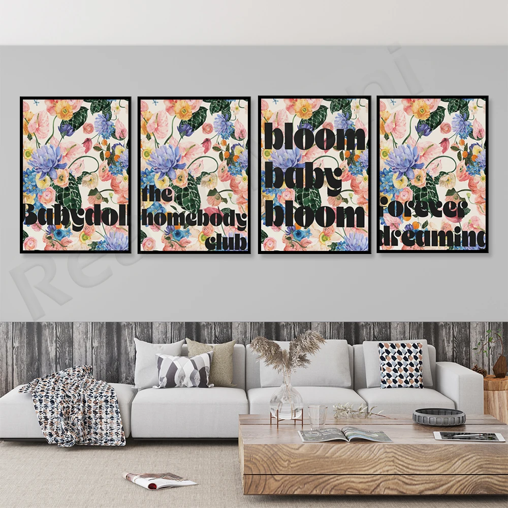 

Floral print wall art quotes "doll" "Bloom Baby Bloom" "Eternal Dream" "Home Club" Are you a member Stunning floral retro typog