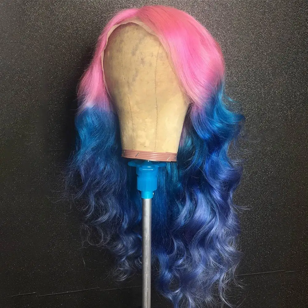 Pink Ombre Blue Wig Колодо 3 тона Омбре человеческие волосы парик предварительно сорванный Remy бразильский 613 волнистый парик бесклеевой прозрачный фронтальный парик шнурка для женщин - Цвет: Pink Ombre Blue Wig