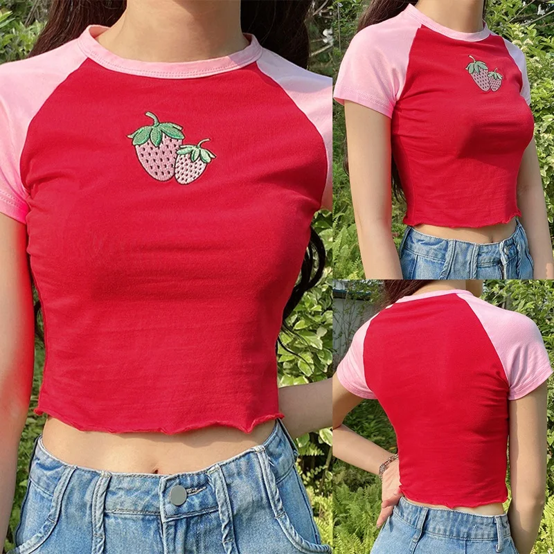 

Женские футболки с нашивками клубники, милая одежда в стиле пэчворк, футболки с коротким рукавом и графическим рисунком