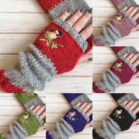 winter wrist arm hand warmer knitted long fingerless gloves women thicken keep warm birds embroidery mittens