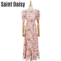 saintdaisy long dress women with flower for party wedding pink vintage lantern sleeve bohemian rose maxi brides maid 9913 zipper