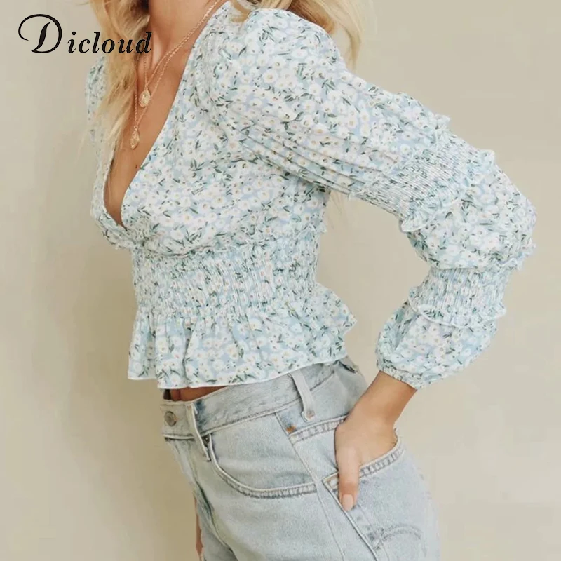 DICLOUD Boho Цветочные женские укороченные блузки с длинным рукавом сексуальный