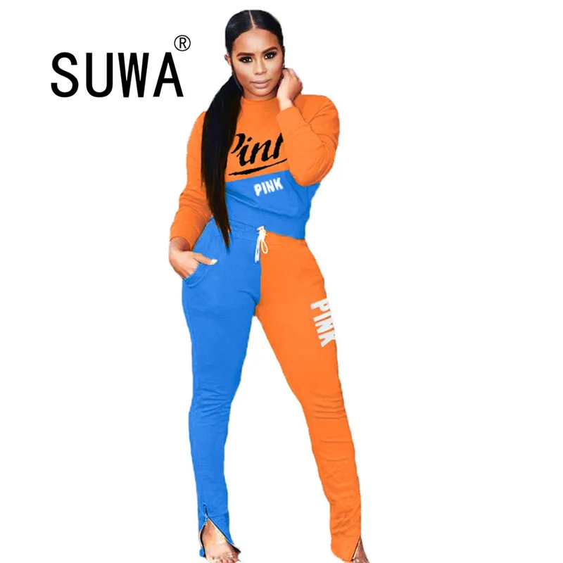 

Wholesale Product Women Letter Pink Printed Sweatshirt Top Joggers Legging Pants Lounge Wear Two Piece Outfits Matching Sets