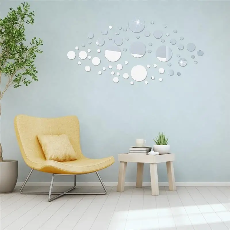

66pcs Wall Sticker Acrylic Self Adhesive Mirror Wall Decal Waterproof Removable Decoration Wallpaper, Silver