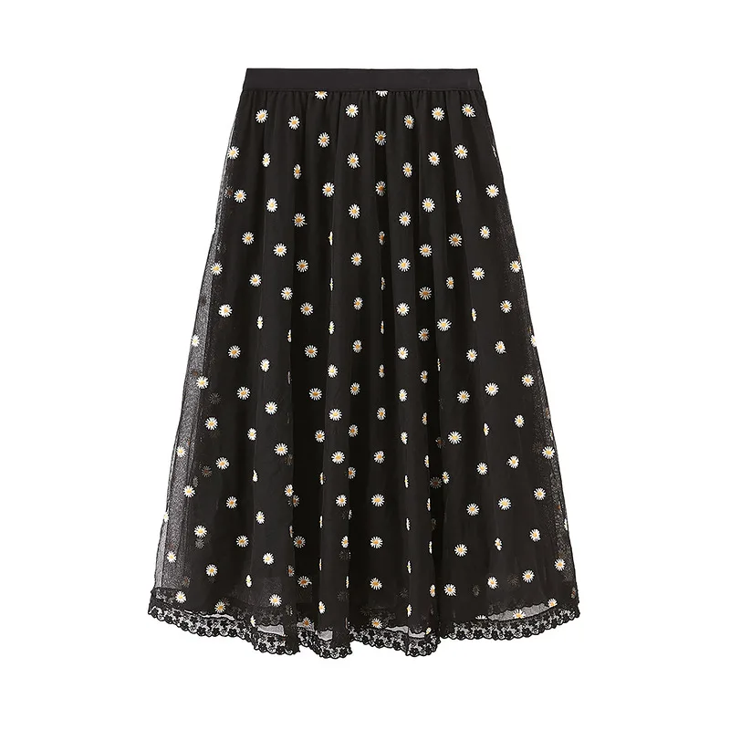

INMAN 2021 Spring New Arrival Floral Mid Length Retro Mesh A-Line Women's Skirt