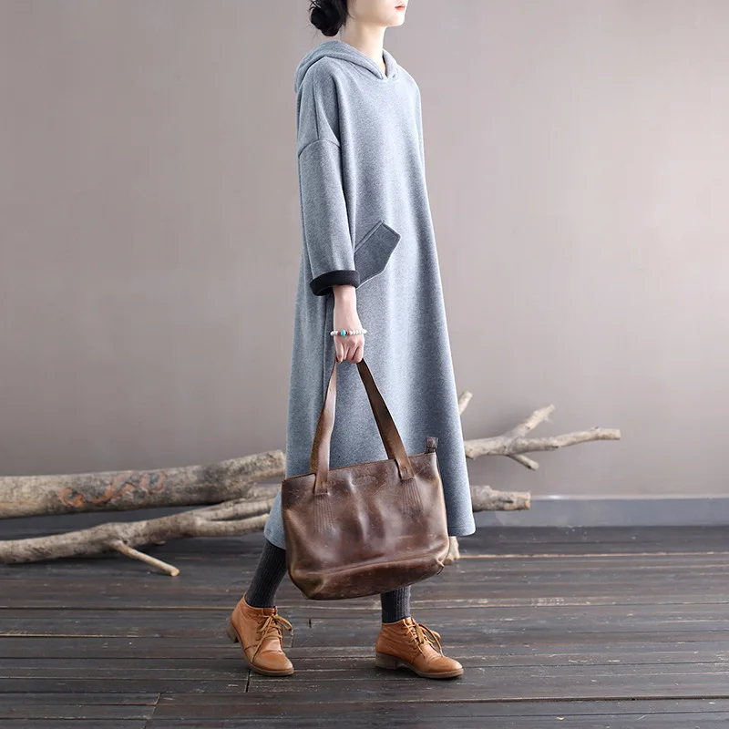 Johnature женское платье с капюшоном в стиле ретро плюшевое однотонное Свободное