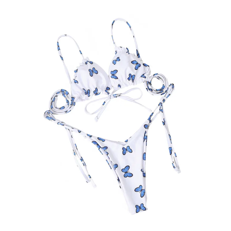 

Women's Sexy Two Piece Split Bikini Suits Fashion Butterfly Print Halter Top and Bandage Low Waist Trunks