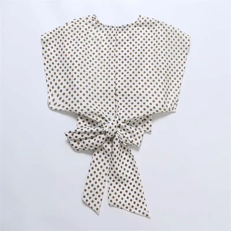 

ZA Summer Ladies Dot Printed Blouse Shirts 2021 Causal Thin Top Female Short Sleeve Bow V-neck Loose Backless Outfits