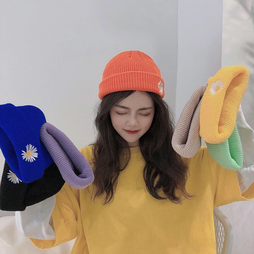 

daisy embroidery Winter Hats Woman Knitted Cute beanies Girls Autumn Skullies Warmer Bonnet Ladies Casual Cap