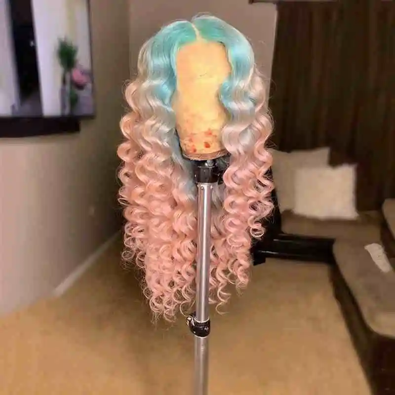 pink Предпочтительный 13x4 предварительно сорванные свободные глубокая волна парик бразильские прозрачные кружевные парики Remy кружевные передние человеческие волосы парики для черных женщин - Цвет: pink