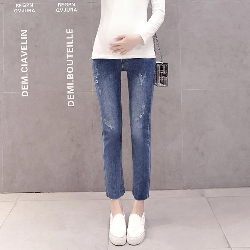 Джинсы для беременных женщин с эффектом потертости узкие прямые брюки дырками