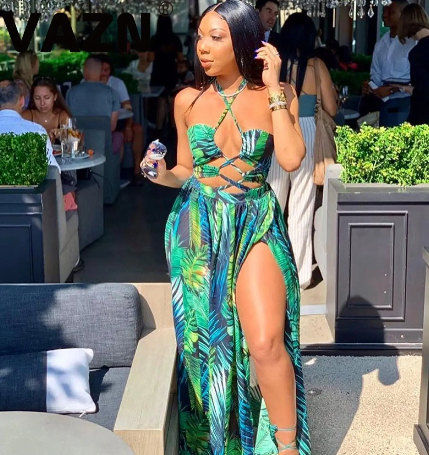 Выходное шифоновое платье макси с открытой спиной и лямкой на шее|Женские платья|