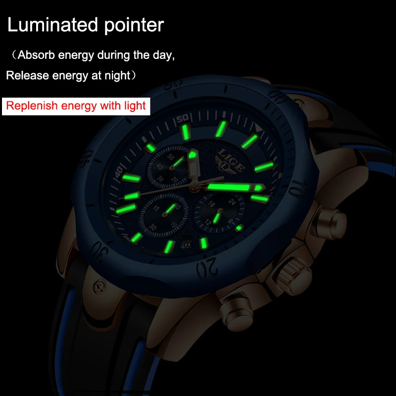 Часы наручные LIGE мужские с силиконовым ремешком модные брендовые Роскошные