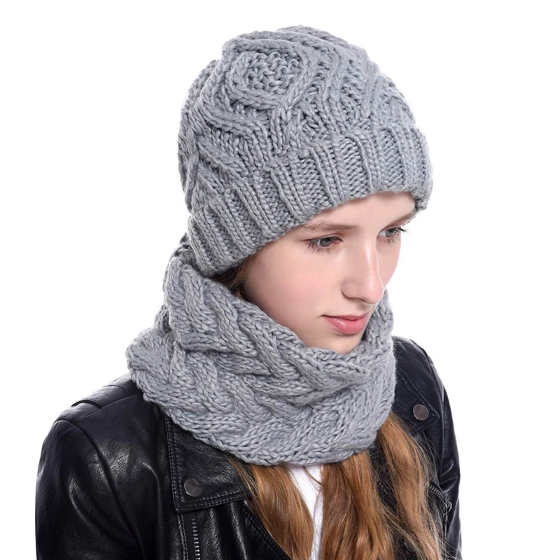 Женская зимняя теплая шерстяная шапка бини и шарф бесконечного круга однотонный