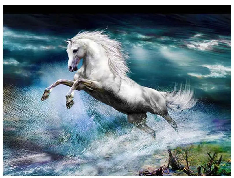 Мозаика с бриллиантами "Морская волна", вышивка "Бег лошади", картина "Точки-пазлы" с камнями-ринестонами, декор.