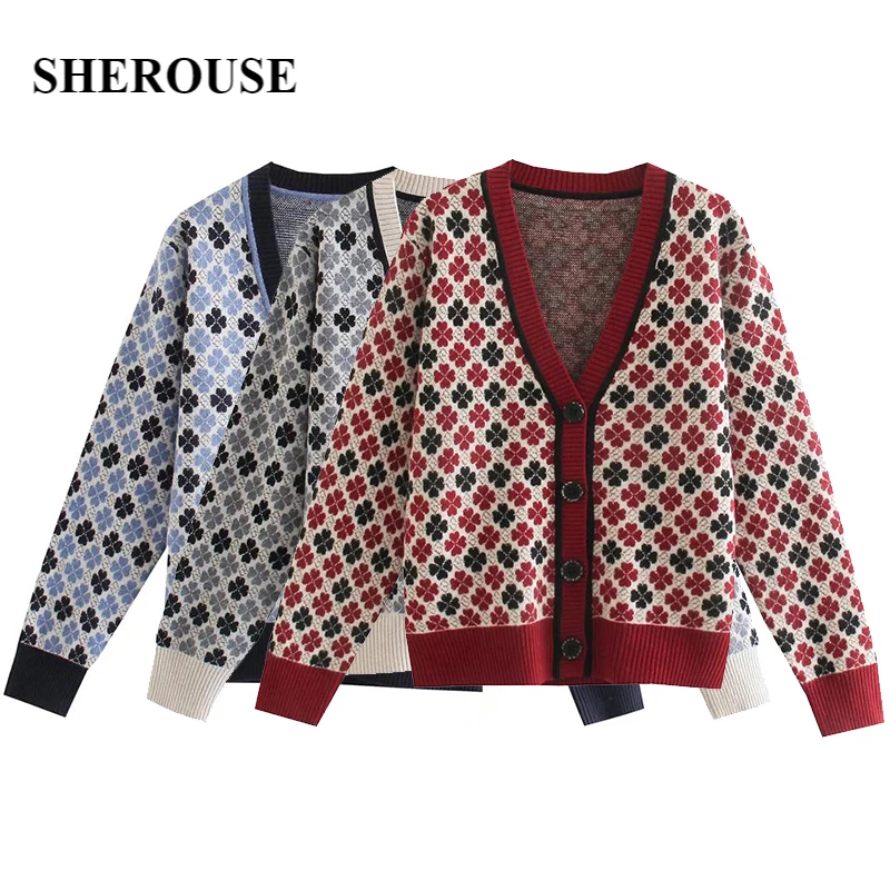 

Женский однобортный вязаный кардиган Sherouse, винтажный вязаный кардиган с v-образным вырезом и длинными рукавами