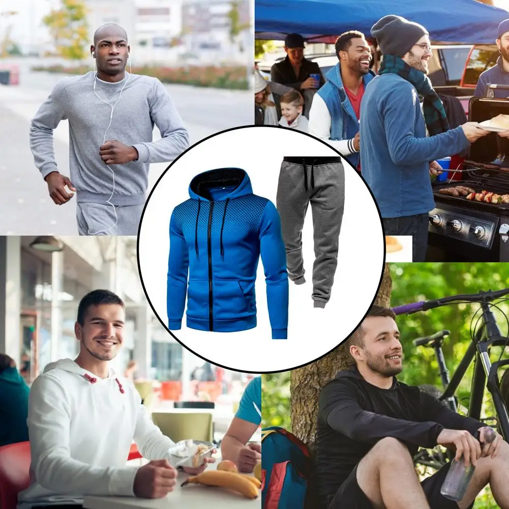 

2 Pieces Men Suit Long Sleeve Autumn Winter Tracksuit Drawstring Closure Elastic Waistband Two Large Pockets Well Stitched