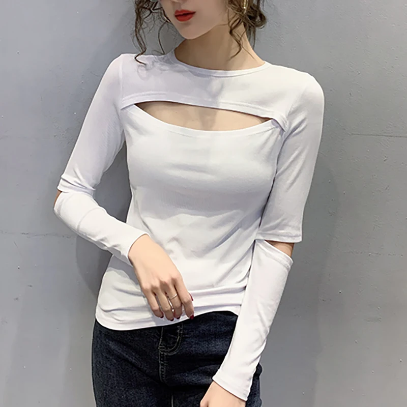 

Cotton Tee Shirt Women O-Neck Solid Elasticity Lady Hollow Out Tees Long Sleeve Autumn Womens Clothing All-match Female T-Shirts
