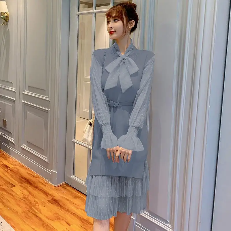 

ICHOIX women two piece set knitted long shirt+ mesh pleasted dot pattern dress female 2pcs suit autumn new arrivals outfits