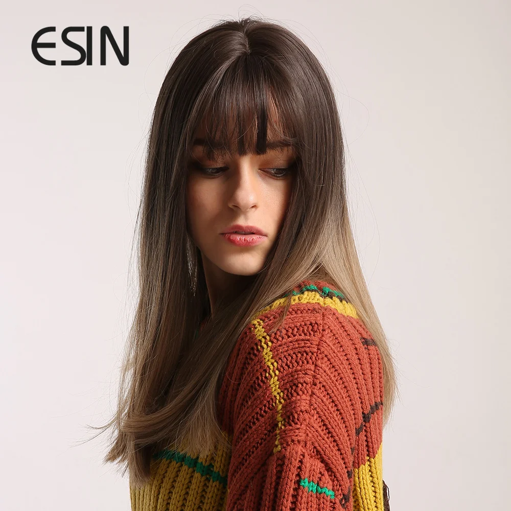 ESIN длинный прямой светлый синтетический парик с эффектом омбре челкой