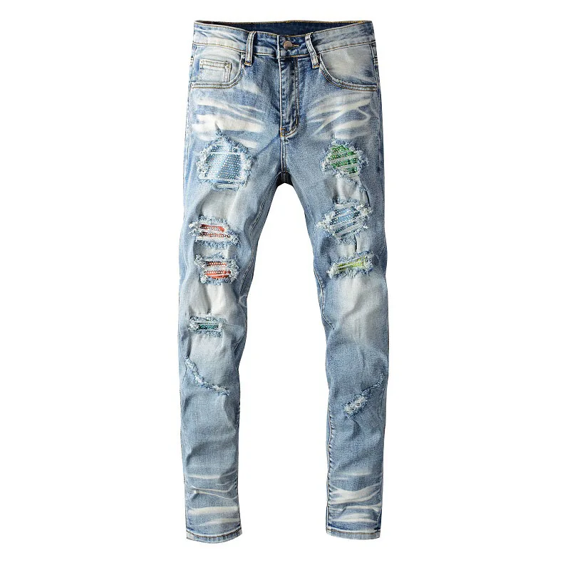 

New men's male fashion trousers new style diamond-encrusted jeans ripped color patch blue locomotive stretch slim denim pants