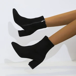 2021 New Winter Pointed Toe Zipper Suede Snow Warm Boots High Heels Chunky Women Shoes Fashion Party Sexy Pumps Botas Zapatos
