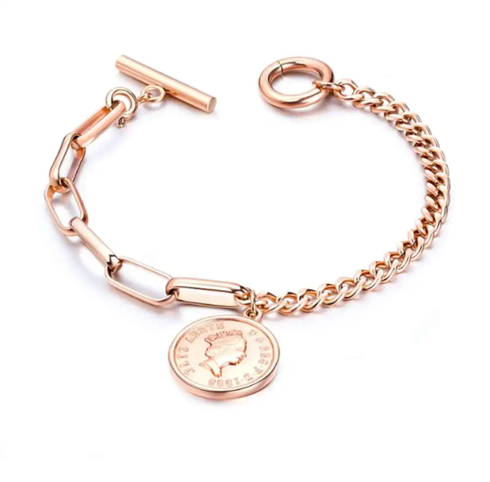 

Women Jewelry Titanium Steel Rose Gold Elizabeth coins couple Bracelet so031