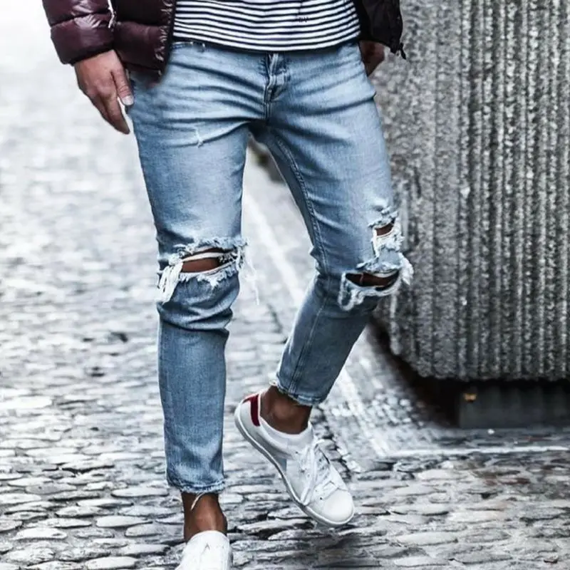 2021 Men's Jeans New Style Boken Holes Europe America Fashion Trousers Light Blue Beggar Pants S-XXXL