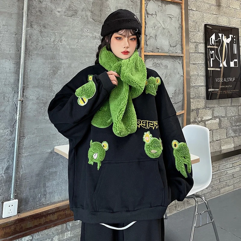 Свитшот Harajpoo женский с вышивкой лягушка плюс вельветовый зимний Корейский Instagram