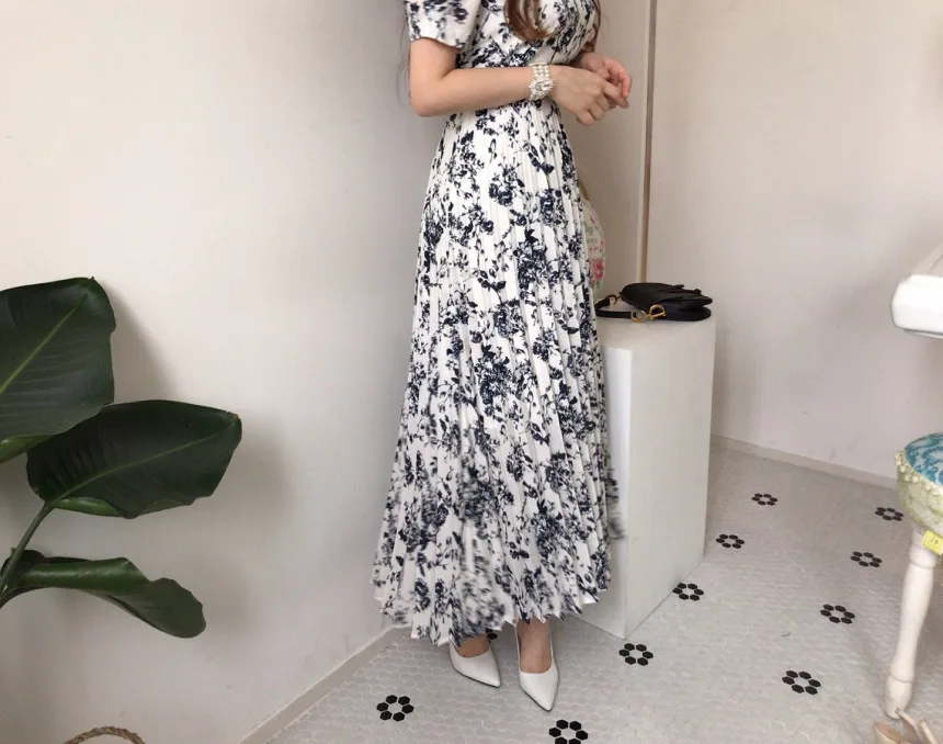 

Summer Elegant Women Print slim short sleeve pleated Bandage Dress