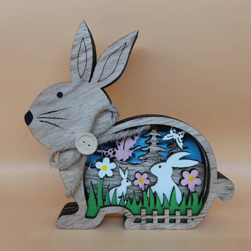

Wooden Hollow Rabbit Figurines LED Light Creative Easter Ornament Living Room Art Character Sculpture Home Decoration Gifts