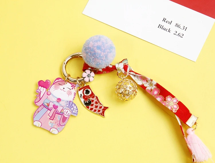 1pcJapanese originalhandmade с вышитыми цветами Кот приносящий удачу Манеки Неко сумка для ключей подвеска с помпоном llaveros