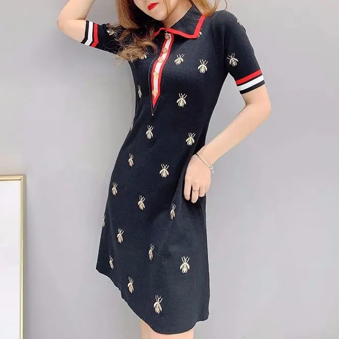 

2021 spring and summer new socialite temperament bee embroidery POLO collar simple knit slim dress women