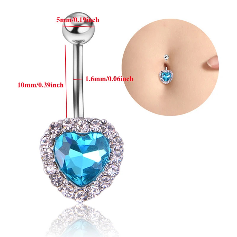

1PC Women Heart-shaped Crystal Rhinestone Zircon Navel Ring Heart Pendant Exquisite Stainless Steel Piercing Belly Button Rings