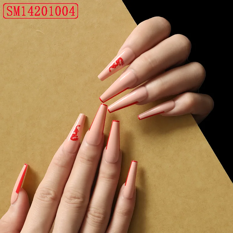 

24Pcs/Set Detachable Long Coffin Fake Nails Red Bordered Art Dragon Full Nail Art Nail Salon Dupplies And Toolses And Tools Girl