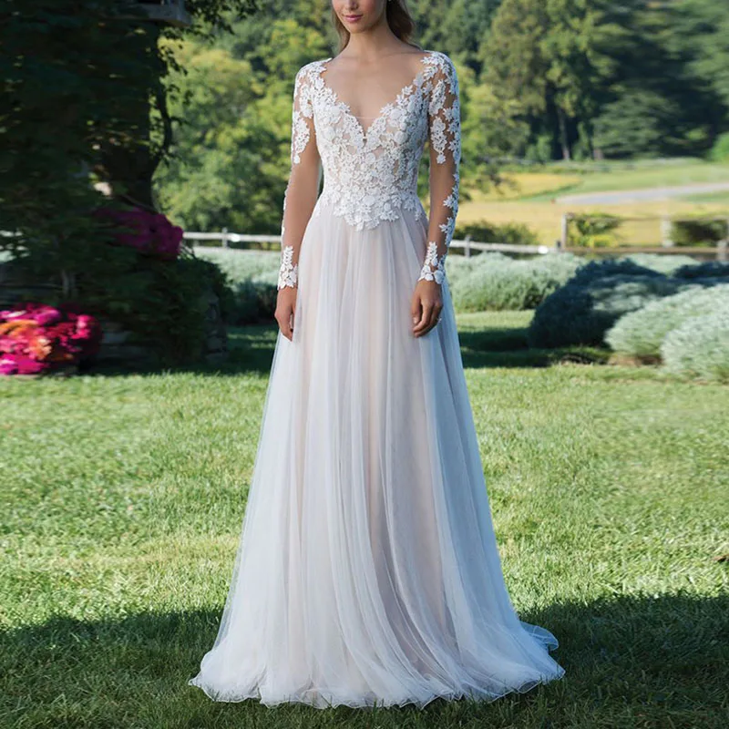 

Long Sleeves Wedding Dress 2019 Backless Floor Length Appliques Lace A Line Vintage Bride Dress Wedding Gown wedding dresses