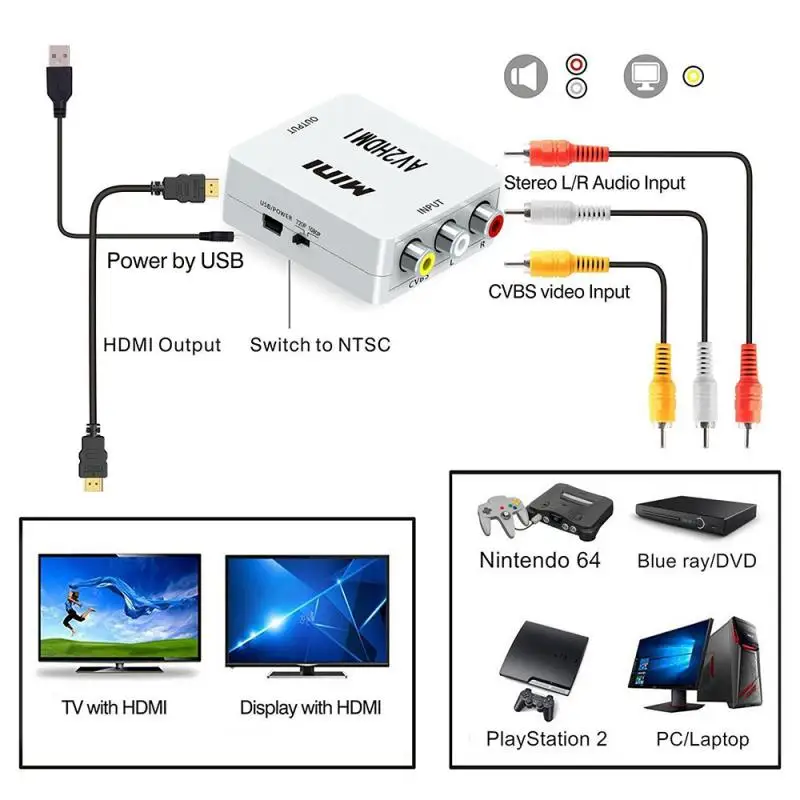 Композитный CVBS адаптер преобразователь 1080P Mini RCA в HD AV для консоли PS2/PS3/N64/ПК/HD TV/Xbox