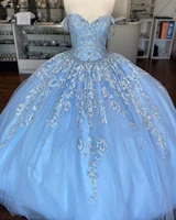 gorgeous 15 year quinceanera dresses sky blue 2022 sexy off the shoulder sweetheart formal girls prom party dress corset gown