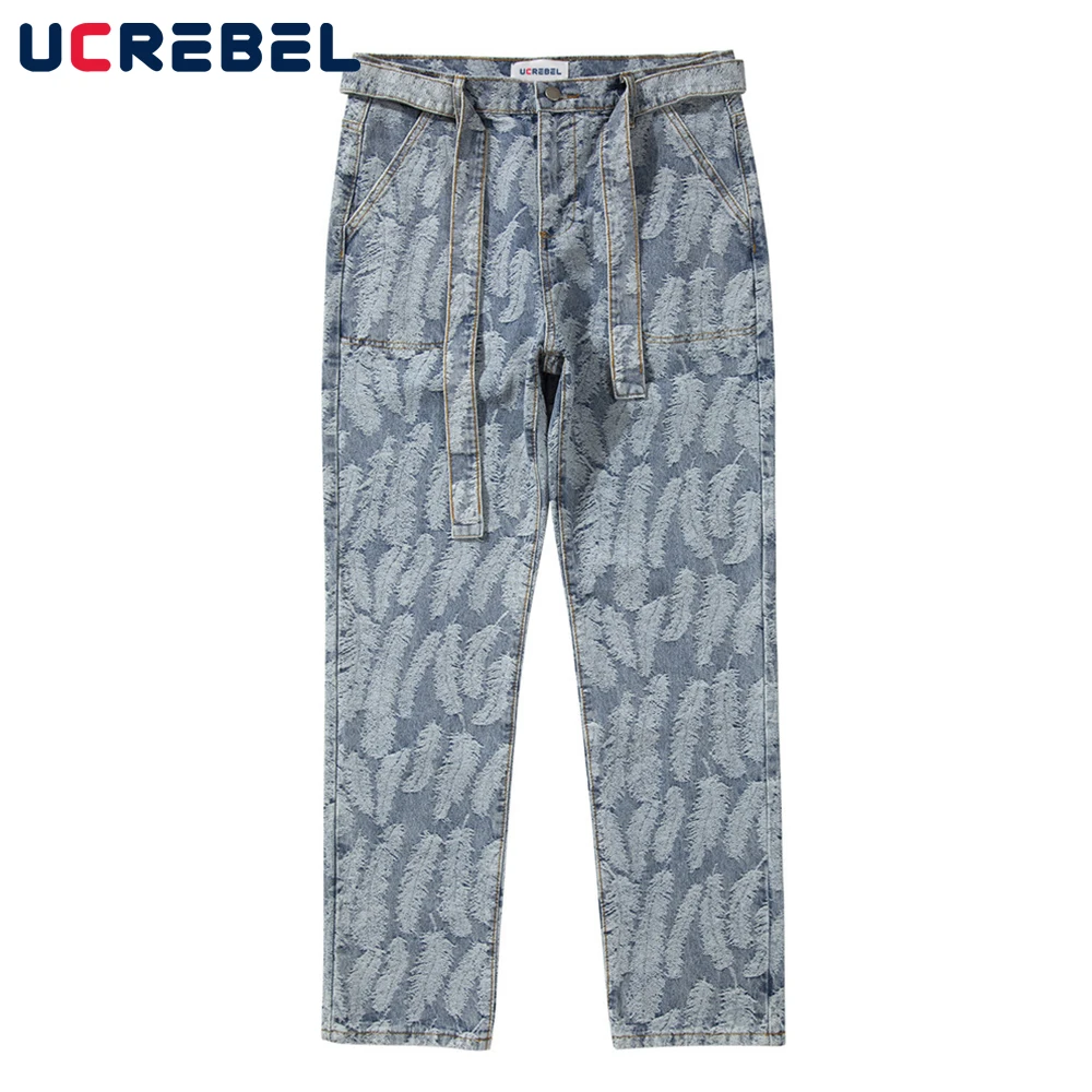 

Джинсы мужские жаккардовые, уличные брюки из потертого денима, прямые штаны, Повседневная Уличная одежда