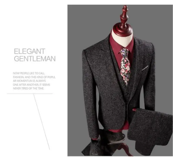 Men's Suits 2018 British Style Men's Fashion Single Button Wool Suit Men Wool Wedding Suits(Jacket+Vest+Pants) Costume Homme