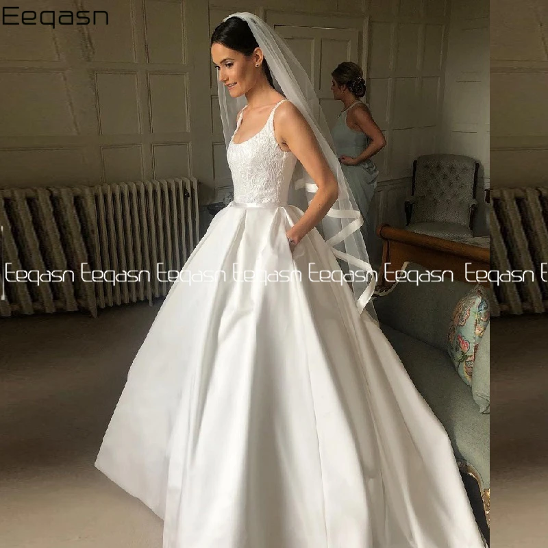 

Свадебное платье принцессы Eeqasn vestidos de novia 2020 длинное кружевное атласное платье невесты с открытой спиной и карманами размера плюс