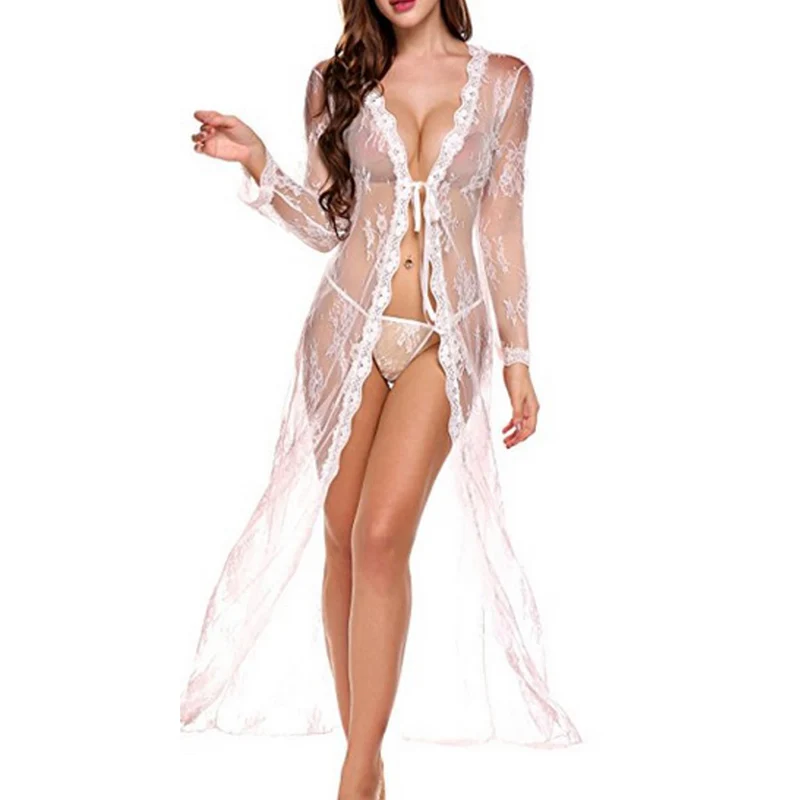 Недавно Для женщин прикрытие халат Прозрачная Кружевная одежда с длинным