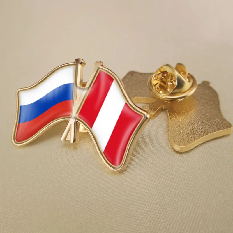 

Russian Federation and Peru Crossed Double Friendship Flags Lapel Pins Brooch Badges