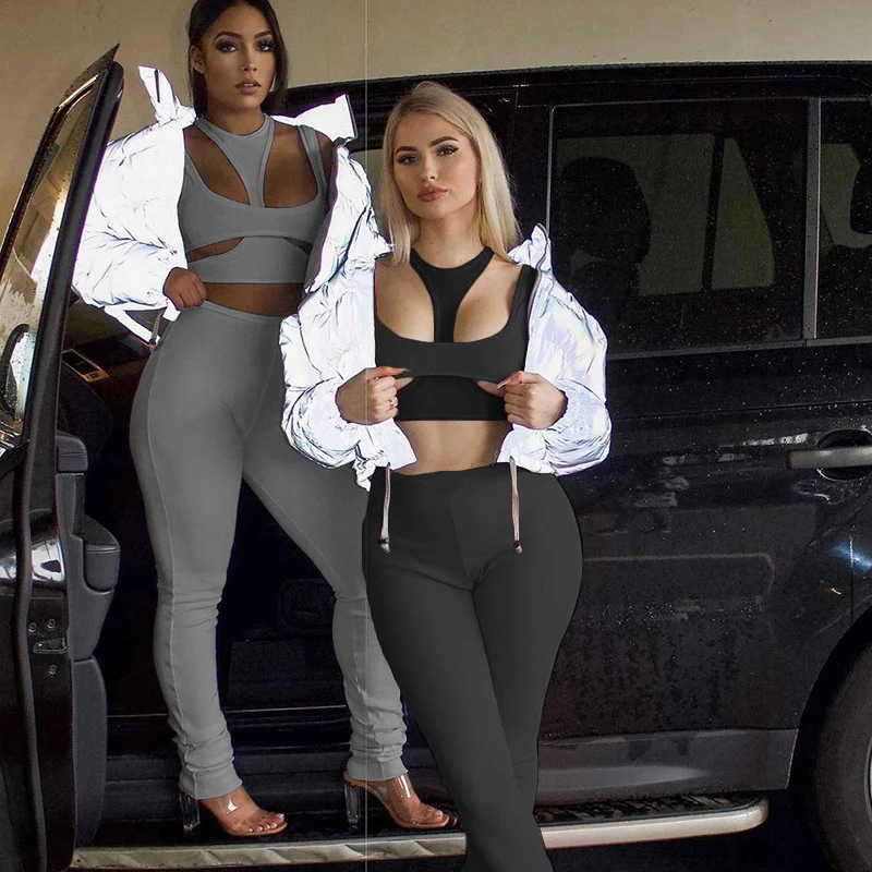 

Sibybo Sexy Black Two Piece Outfits Women Tracksuit Casual Hollow Out Crop Top And High Waist Pants Matching Set Femme Sportwear