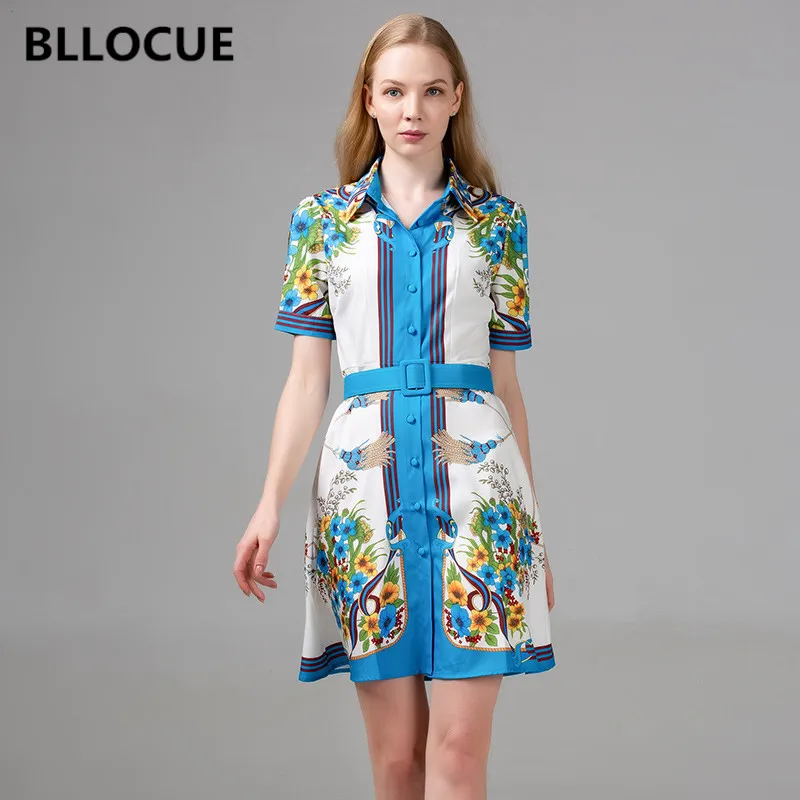 

Летнее женское платье BLLOCUE с коротким рукавом, однобортное мини-платье с цветочным принтом, элегантное приталенное женское платье с поясом