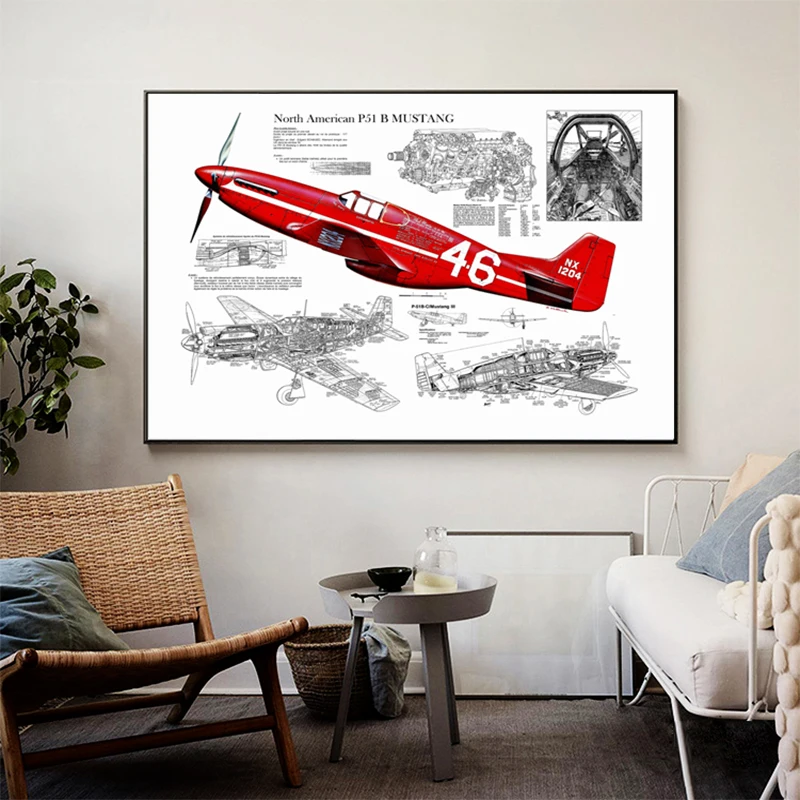 

WW2 P51 Mustang Fighter Blueprint Vintage Posters And Prints Home Decor Canvas Painting Wall Art Boy Gifts LivingRoom Decoration