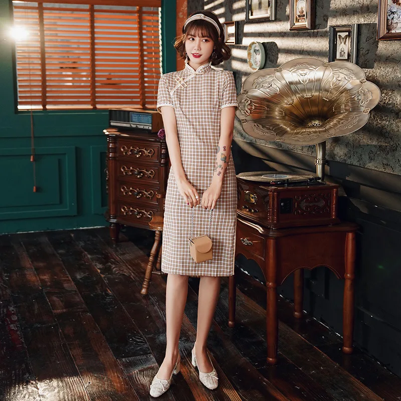 

Summer Short Cheongsam Sexy Modern Qipao Lattice Cotton Oriental Style Dresses Traditional Chinese Dress Women S-3XL